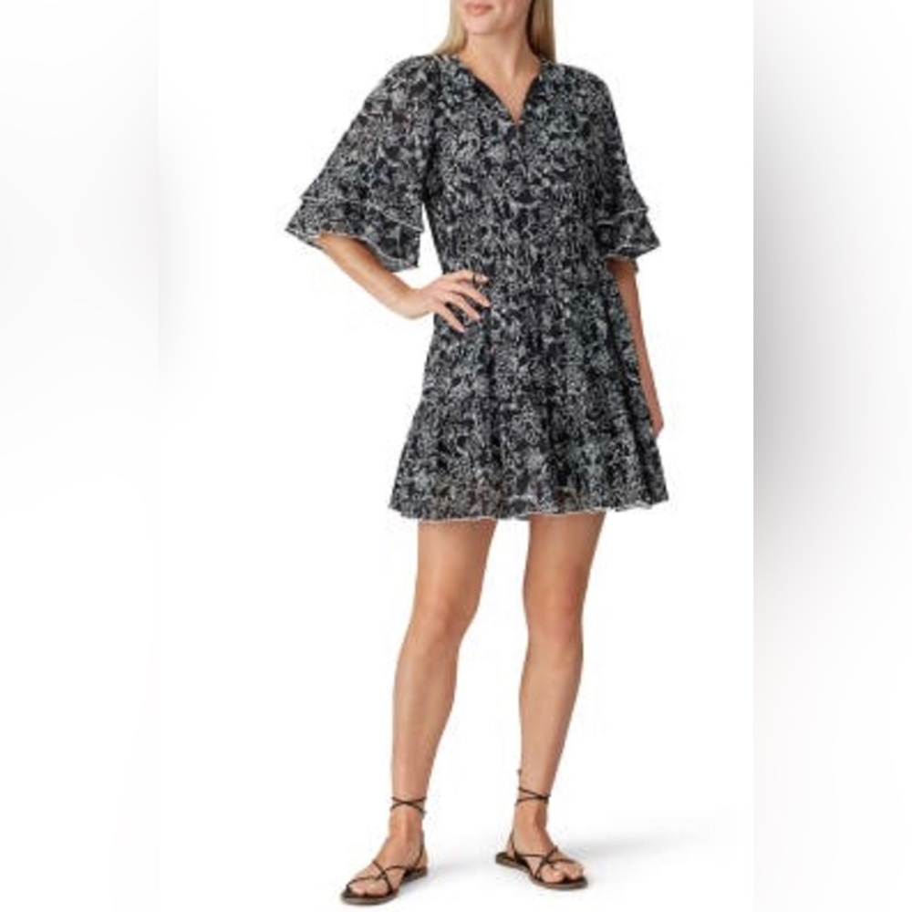 Parker Black White Floral Tiered Ruffle Sleeve Knee Length Dress XS Small Medium - Picture 2 of 3